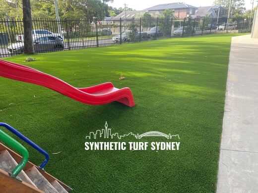 Synthetic lawn installed in a residential backyard