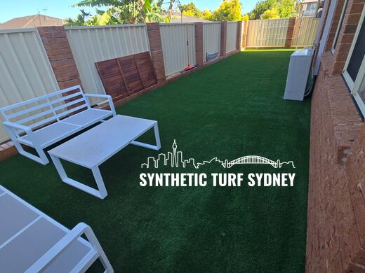Synthetic lawn installed in a residential backyard