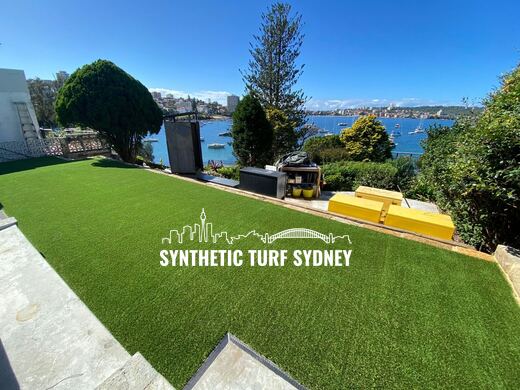 Synthetic lawn installed in a residential backyard