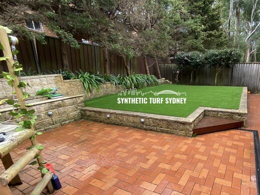 Synthetic lawn installed in a residential backyard