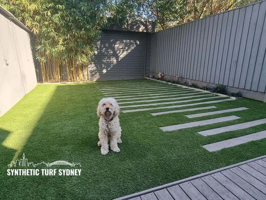 Synthetic lawn installed in a residential backyard