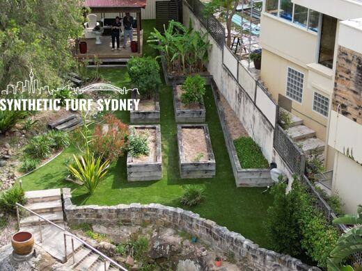 Lawn paths between raised garden beds, laid in Collaroy 40mm synthetic turf