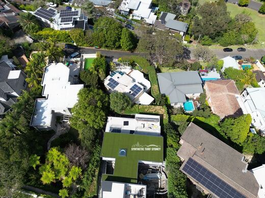 Rooftop lawn seen from above, laid in Hyde Park 40mm synthetic turf
