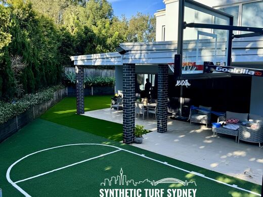 Marked half court beside a deck, laid in Collaroy 40mm synthetic turf