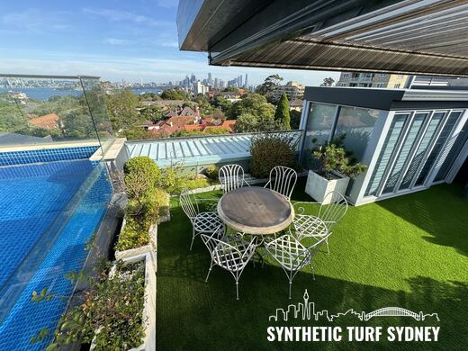 Terrace lawn with a city outlook, laid in Collaroy 40mm synthetic turf