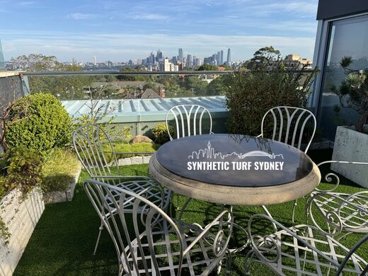 Terrace lawn with a city outlook, laid in Collaroy 40mm synthetic turf