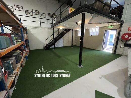 Turf floor in a warehouse showroom, laid in STS Commercial synthetic turf