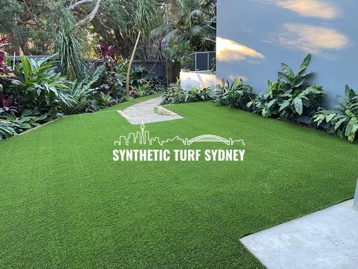 Synthetic lawn installed in a residential backyard