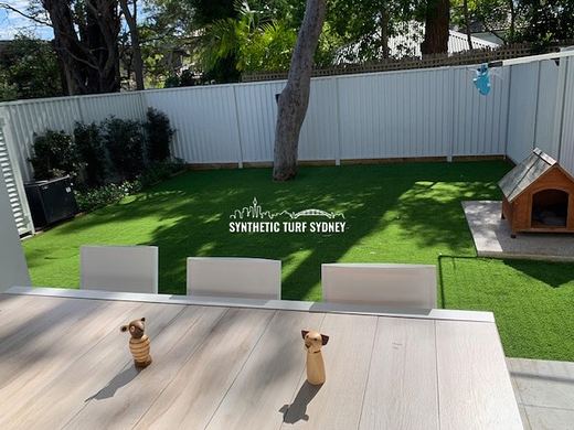 Synthetic lawn installed in a residential backyard