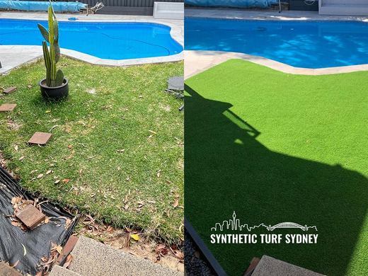 Synthetic turf laid around a swimming pool