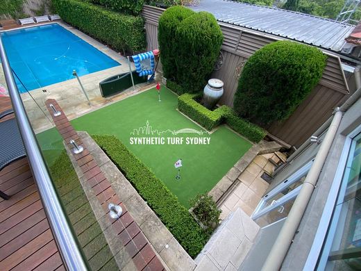 Synthetic turf laid around a swimming pool