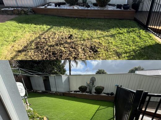 Synthetic lawn installed in a residential backyard