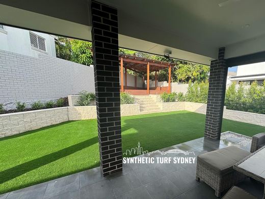 Synthetic lawn installed in a residential backyard