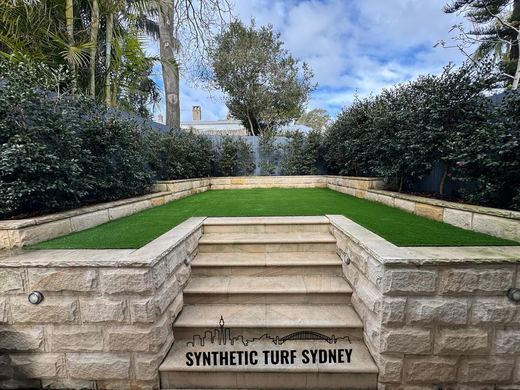 Synthetic lawn installed in a residential backyard