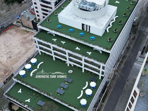 Synthetic turf installed on a balcony or rooftop terrace