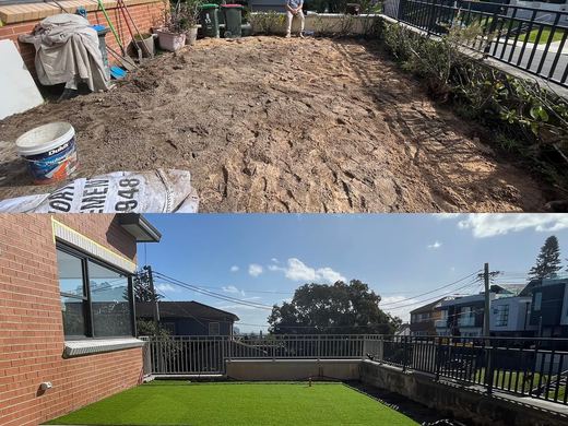 Synthetic lawn installed in a residential backyard