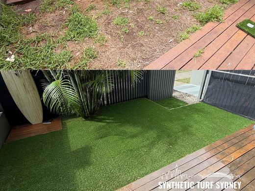 Synthetic lawn installed in a residential backyard