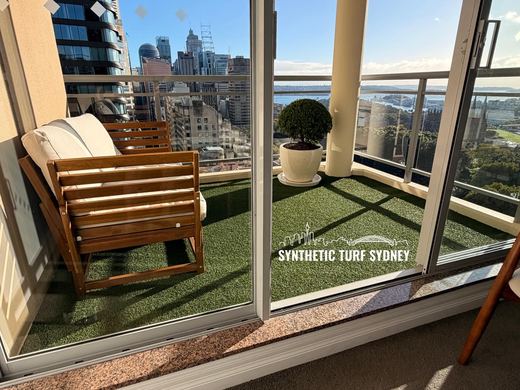 Synthetic turf installed on a balcony or rooftop terrace