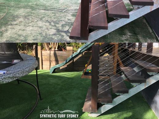 Synthetic lawn installed in a residential backyard