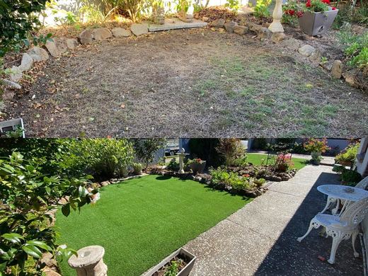 Synthetic lawn installed in a residential backyard