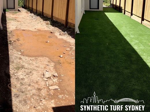 Synthetic lawn installed in a residential backyard