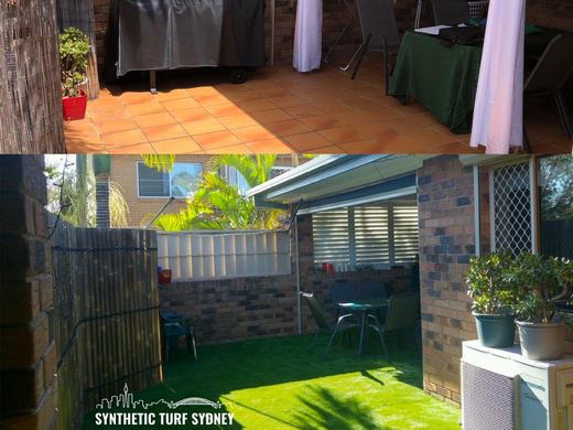 Synthetic lawn installed in a residential backyard