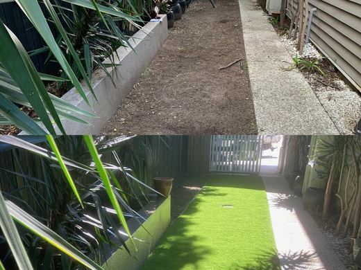 Synthetic lawn installed in a residential backyard