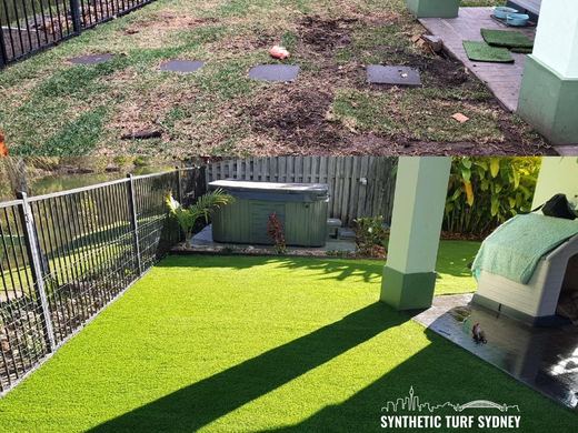 Synthetic lawn installed in a residential backyard