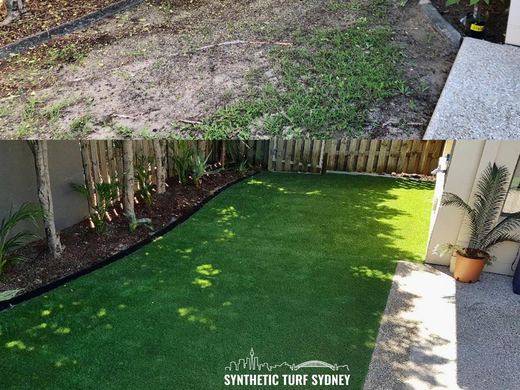 Synthetic lawn installed in a residential backyard