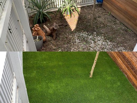 Synthetic lawn installed in a residential backyard