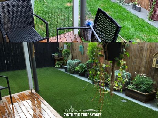 Synthetic lawn installed in a residential backyard
