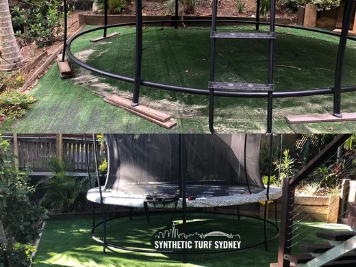 Synthetic lawn installed in a residential backyard