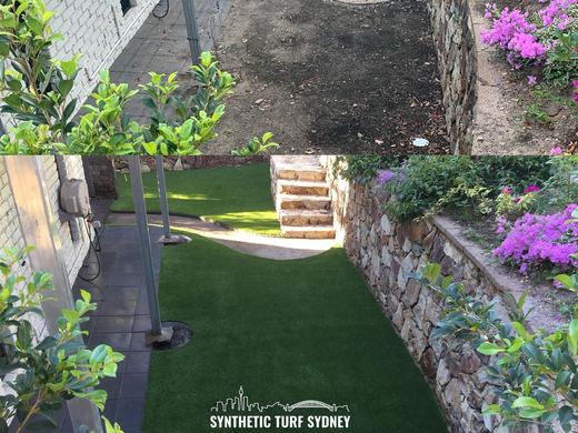 Synthetic lawn installed in a residential backyard