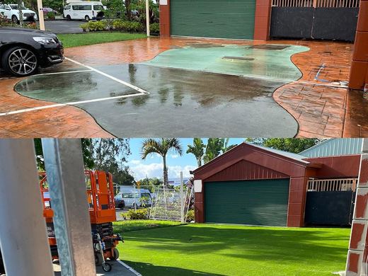 Synthetic lawn installed in a residential backyard