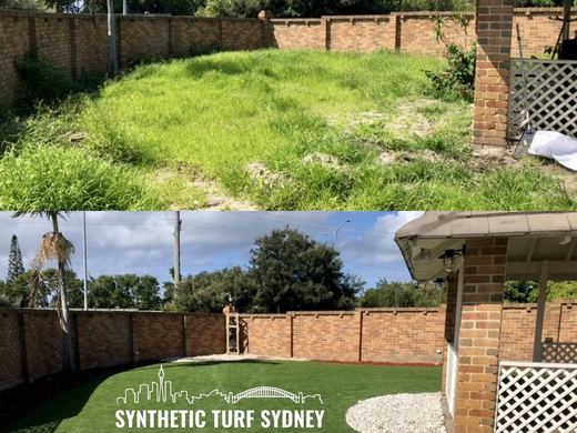 Synthetic lawn installed in a residential backyard
