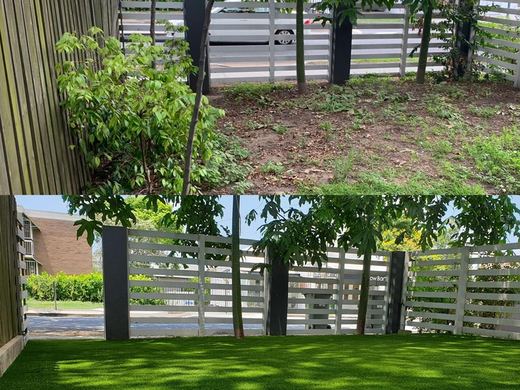 Synthetic lawn installed in a residential backyard